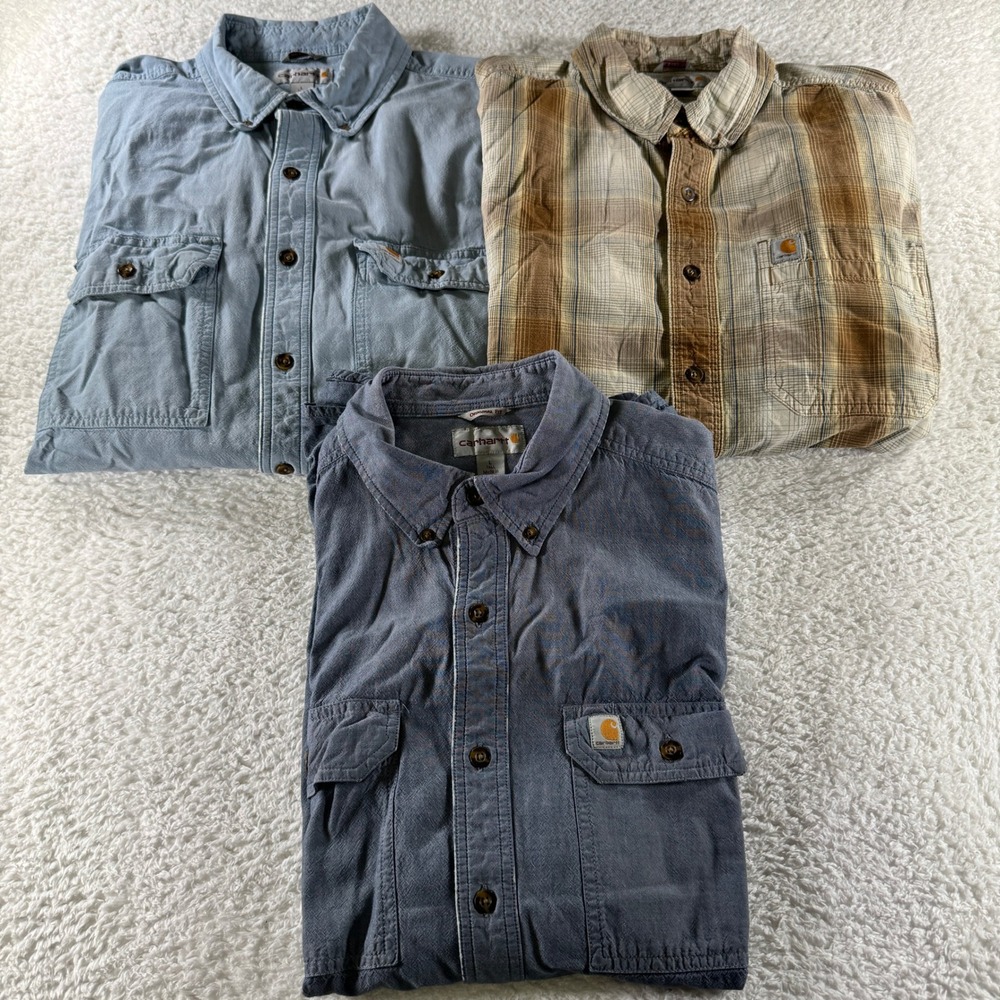 Lot (3) Bundle Carhartt Short Sleeve Large Tall Button Up Shirts Pocket Blue